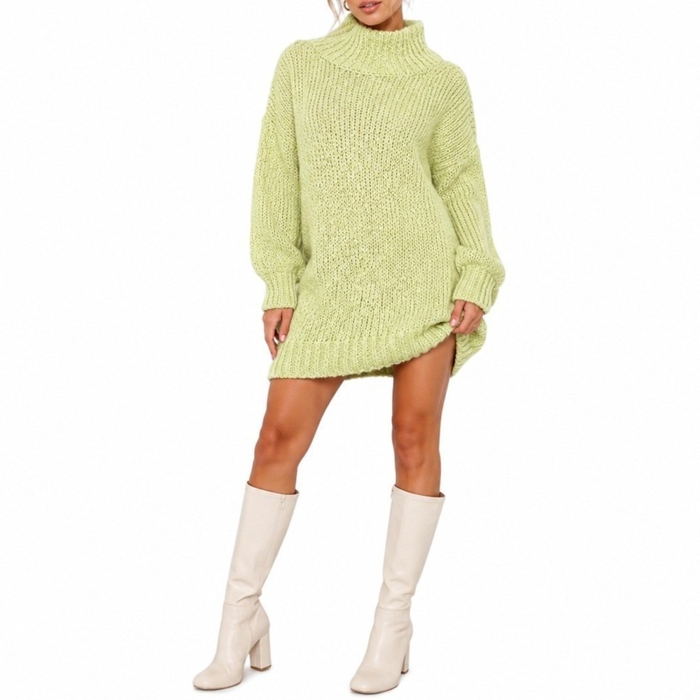 Anthropologie Womens Medium Lime Green Chunky Knit Oversized Mock Neck Sweater